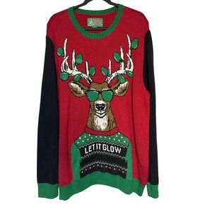 Ugly Christmas Sweater Mens XXL Reindeer Sunglasses Let It Glow Holiday Knit